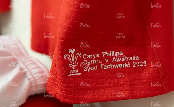 031123 - Wales Women v Australia Women, WXV1 - Carys Phillips of Wales’ match shirt hang in the changing room ahead of the match, on the occasion of her 70th cap