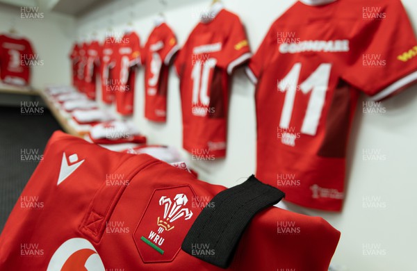 031123 - Wales Women v Australia Women, WXV1 - Wales match shirts and kit, along with black arm bands, hang in the changing room ahead of the match 