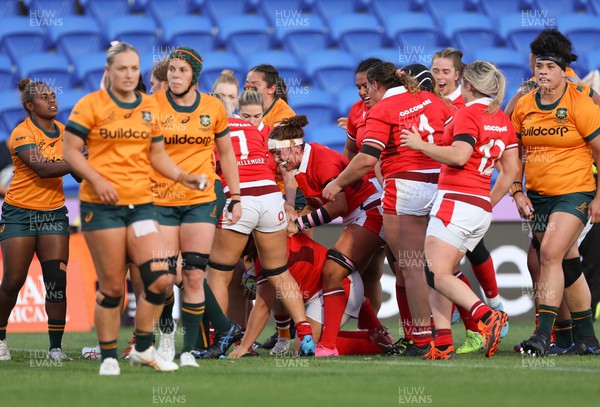 031123 - Wales Women v Australia Women, WXV1 - Carys Phillips of Wales powers over to score try