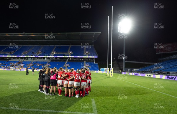 031123 - Wales Women v Australia Women, WXV1 - The Wales team huddle together at the end of the match