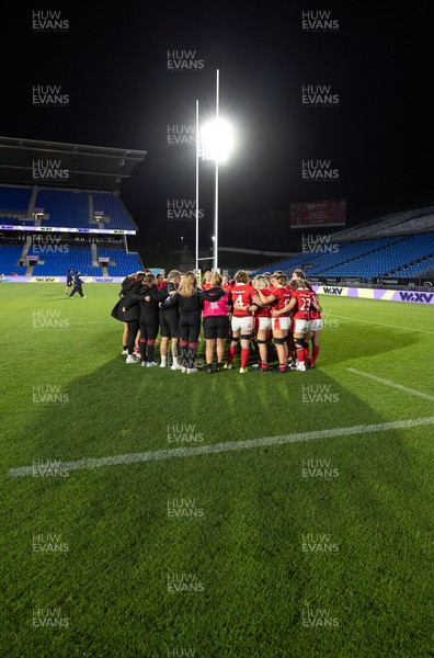 031123 - Wales Women v Australia Women, WXV1 - The Wales team huddle together at the end of the match
