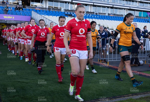 031123 - Wales Women v Australia Women, WXV1 - Wales captain Hannah Jones leads the team out at the start of the match