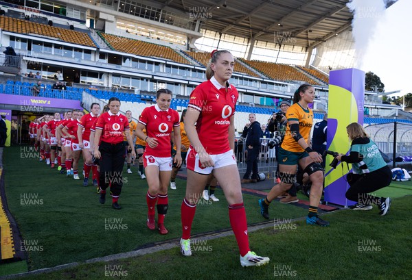 031123 - Wales Women v Australia Women, WXV1 - Wales captain Hannah Jones leads the team out at the start of the match