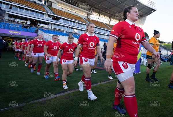 031123 - Wales Women v Australia Women, WXV1 - Abbey Constable and Kerin Lake of Wales walk out at the start of the match