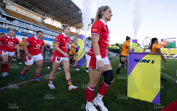 031123 - Wales Women v Australia Women, WXV1 - Kerin Lake and Keira Bevan of Wales walk out at the start of the match
