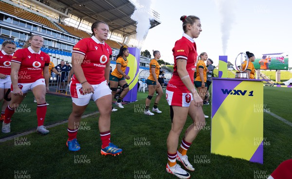 031123 - Wales Women v Australia Women, WXV1 - Keira Bevan and Lleucu George of Wales walk out at the start of the match