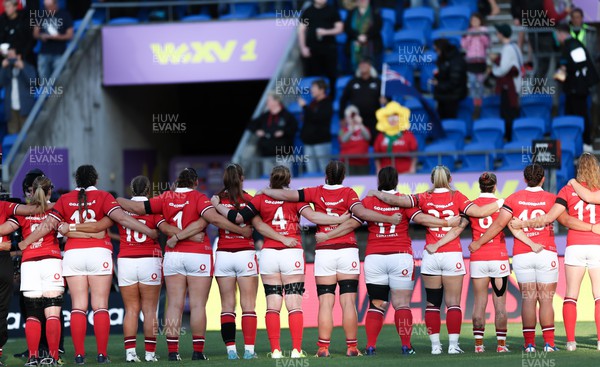 031123 - Wales Women v Australia Women, WXV1 - The Wales team lineup for the anthems at the start of the match