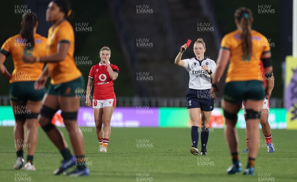 031123 - Wales Women v Australia Women, WXV1 - Siokapesi Palu of Australia is shown a red card for a tackle on Jasmine Joyce of Wales