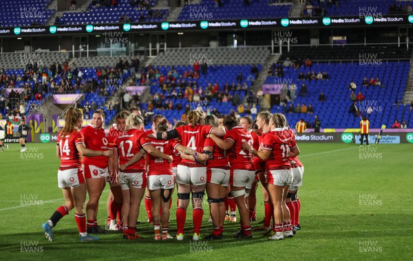 031123 - Wales Women v Australia Women, WXV1 - Wales players huddle together at the end of the match