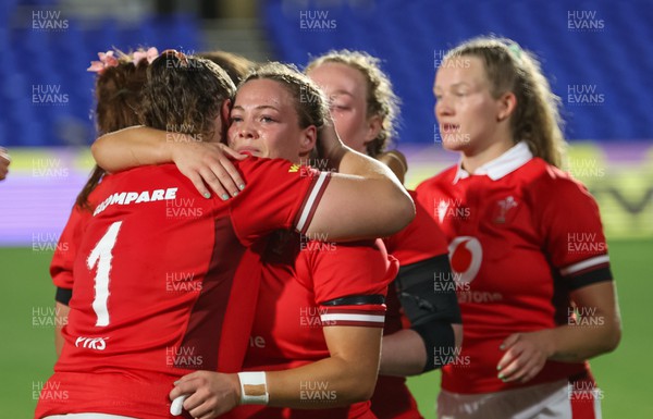 031123 - Wales Women v Australia Women, WXV1 - Kelsey Jones of Wales and Gwenllian Pyrs of Wales at the end of the match