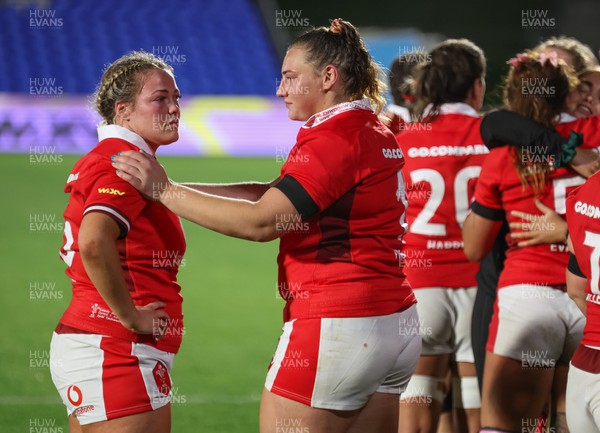 031123 - Wales Women v Australia Women, WXV1 - Kelsey Jones and Gwenllian Pyrs of Wales at the end of the match