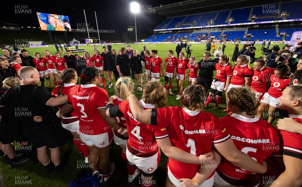 031123 - Wales Women v Australia Women, WXV1 - The Wales team and management huddle together at the end of the match