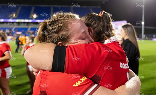031123 - Wales Women v Australia Women, WXV1 - Abbie Fleming of Wales embraces Gwenllian Pyrs of Wales at the end of the match