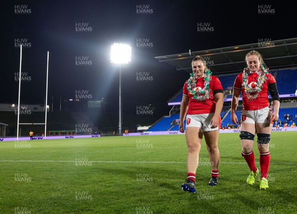 031123 - Wales Women v Australia Women, WXV1 - Gwenllian Pyrs of Wales and Abbie Fleming of Wales walk to the changing room at the end of the match