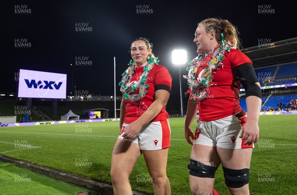 031123 - Wales Women v Australia Women, WXV1 - Gwenllian Pyrs of Wales and Abbie Fleming of Wales walk to the changing room at the end of the match