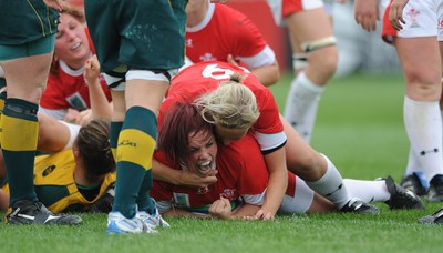 20.08.10 - Wales Women v Australia Women - Women's Rugby World Cup 2010 - Lowri Harries of Wales celebrates her try. 