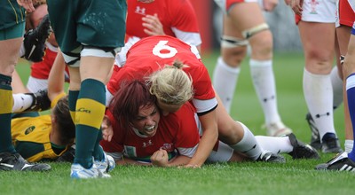 20.08.10 - Wales Women v Australia Women - Women's Rugby World Cup 2010 - Lowri Harries of Wales celebrates her try. 
