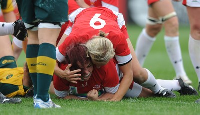 20.08.10 - Wales Women v Australia Women - Women's Rugby World Cup 2010 - Lowri Harries of Wales celebrates her try. 