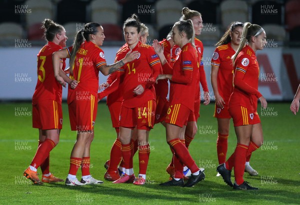 011220 - Wales Women v Belarus Women - UEFA Championship Qualifier - Natasha Harding of Wales celebrates scoring a goal with team mates