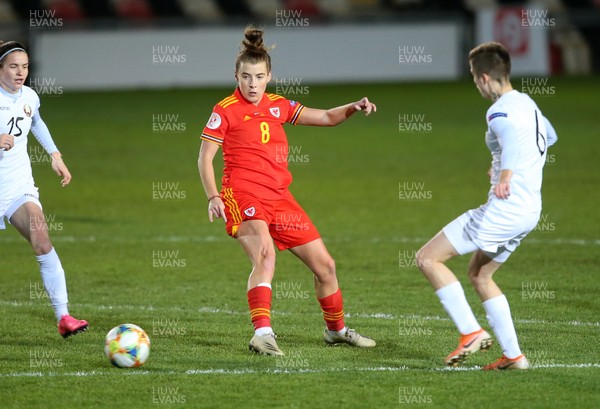 011220 - Wales Women v Belarus Women - UEFA Championship Qualifier - Angharad James of Wales is challenged by Anastasiya Novikova of Belarus