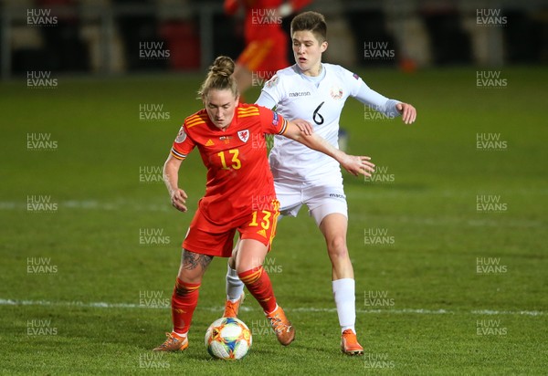 011220 - Wales Women v Belarus Women - UEFA Championship Qualifier - Rachel Rowe of Wales is challenged by Anastasiya Novikova of Belarus