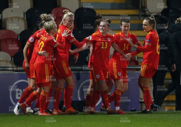 011220 - Wales Women v Belarus Women - UEFA Championship Qualifier - Rachel Rowe of Wales celebrates scoring a goal with team mates