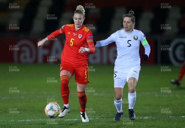 011220 - Wales Women v Belarus Women - UEFA Championship Qualifier - Rhiannon Roberts of Wales is challenged by Anastasiya Shcherbachenia of Belarus