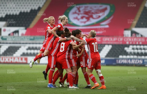 070618 - Wales Women v Bosnia Women - FIFA Women's World Cup Qualifying Round - Kayleigh Green of Wales celebrates scoring a goal with team mates