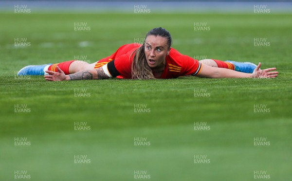 090421 Wales Women v Canada Women, International Friendly match - Natasha Harding of Wales reacts after she is brought down by Canada goalkeeper Stephanie Labbe
