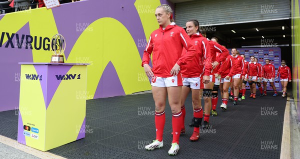 211023 - Wales Women v Canada Women, WXV1 - Hannah Jones of Wales prepare to lead the team out on her 50th cap