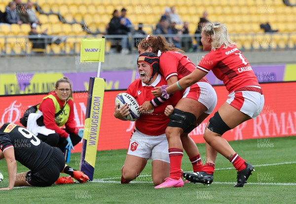 211023 - Wales Women v Canada Women, WXV1 - Carys Phillips of Wales celebrates after she powers over to score try