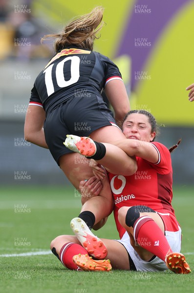 211023 - Wales Women v Canada Women, WXV1 - Robyn Wilkins of Wales tackles Claire Gallagher of Canada