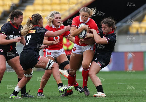 211023 - Wales Women v Canada Women, WXV1 - Carys Williams-Morris of Wales looks to claim the ball