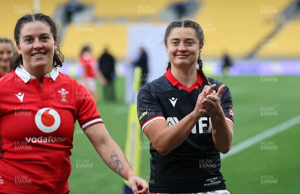 211023 - Wales Women v Canada Women, WXV1 - Robyn Wilkins of Wales, right, after she swapped he shirt with one of the Canadian players