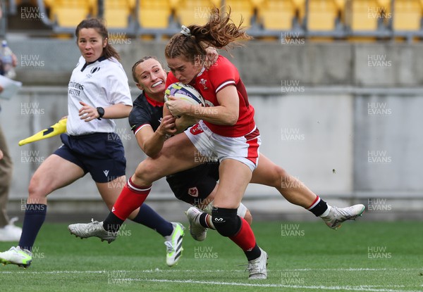 211023 - Wales Women v Canada Women, WXV1 - Lisa Neumann of Wales is tackled