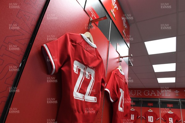 211121 - Wales Women v Canada Women - Autumn Internationals - Flo Williams of Wales jersey hangs in the dressing room ahead of kick off