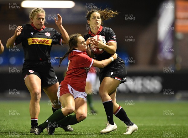 211121 - Wales Women v Canada Women - Autumn Internationals - Sabrina Poulin of Canada is tackled by Caitlin Lewis of Wales