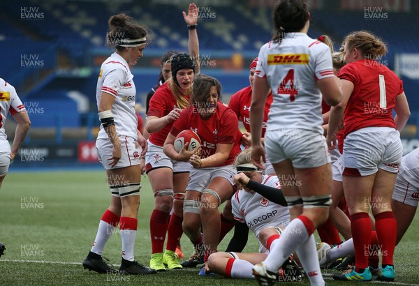 241118 - Wales Women v Canada Women - Friendly - Sioned Harries of Wales celebrates scoring a try