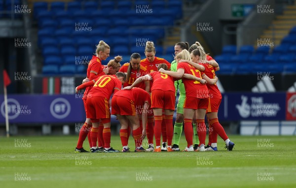 130421 Wales Women v Denmark Women, International Friendly match - The Wales team huddle together at the start of the match