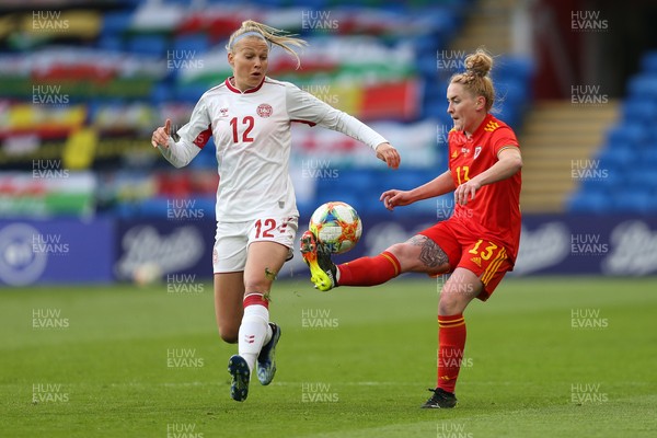 130421 Wales Women v Denmark Women, International Friendly match - Rachel Rowe of Wales is challenged by Stine Larsen of Denmark