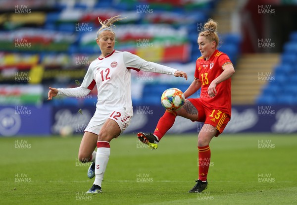 130421 Wales Women v Denmark Women, International Friendly match - Rachel Rowe of Wales is challenged by Stine Larsen of Denmark