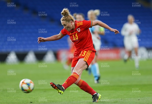 130421 Wales Women v Denmark Women, International Friendly match - Rachel Rowe of Wales crosses the ball into the penalty box