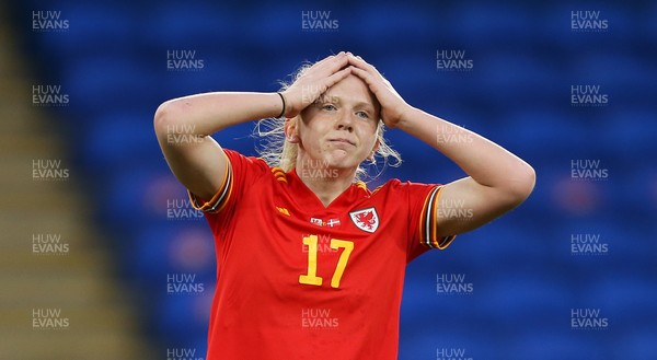 130421 Wales Women v Denmark Women, International Friendly match - Ceri Holland of Wales reacts after missing a chance to score