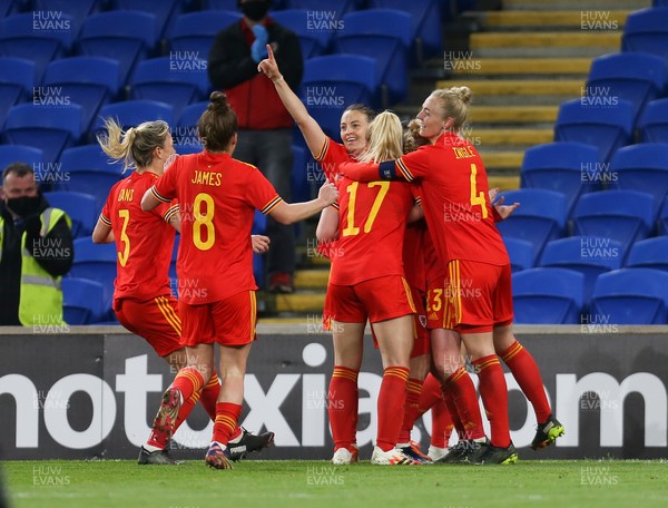 130421 Wales Women v Denmark Women, International Friendly match - Jess Fishlock of Wales is congratulated by team mates after scoring goal