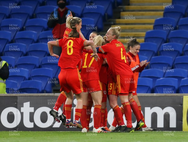 130421 Wales Women v Denmark Women, International Friendly match - Jess Fishlock of Wales is congratulated by team mates after scoring goal