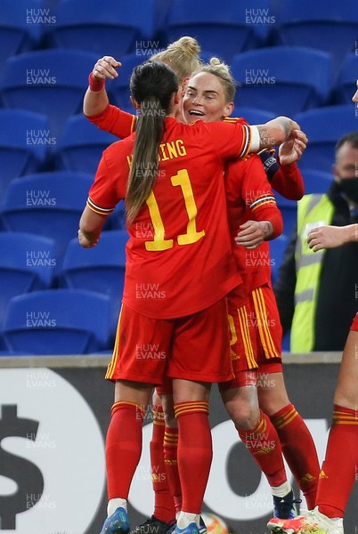 130421 Wales Women v Denmark Women, International Friendly match - Jess Fishlock of Wales is congratulated by Natasha Harding of Wales after scoring goal