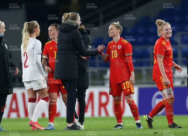 130421 Wales Women v Denmark Women, International Friendly match - Wales Women manager Gemma Grainger congratulates Wales goalscorer Jess Fishlock at the end of the match