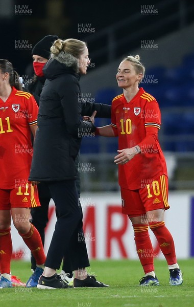 130421 Wales Women v Denmark Women, International Friendly match - Wales Women manager Gemma Grainger congratulates Wales goalscorer Jess Fishlock at the end of the match
