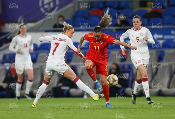 130421 Wales Women v Denmark Women, International Friendly match - Natasha Harding of Wales is challenged by Sanne Troelsgaard of Denmark
