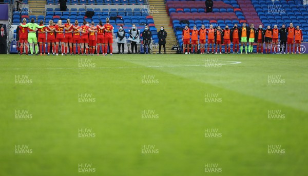 130421 Wales Women v Denmark Women, International Friendly match - The Wales teamsl ine up for the anthems at the start of the match